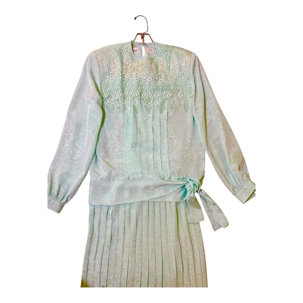 Vintage In The Mood Mint Green Lace Jacquard Blouse Skirt Set 8 Romantic Classic
